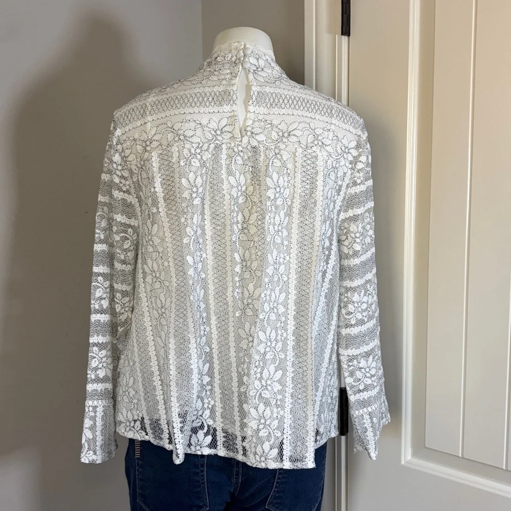 Anthropologie Mock Neck Long-Sleeve Lace Top Cream Black Sz L NEW